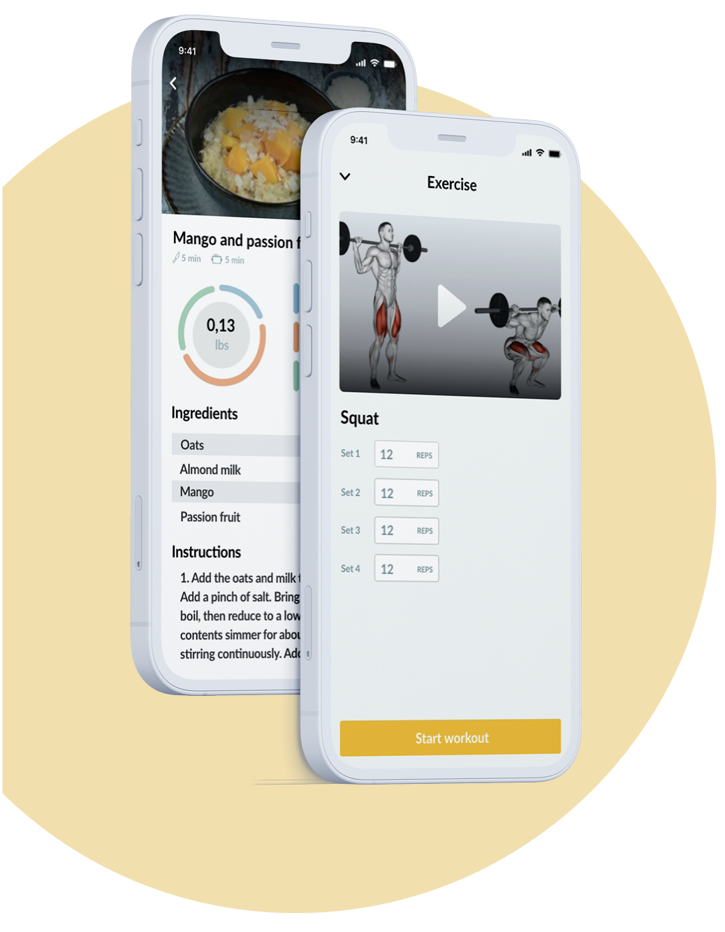 App mockup displaying the meal and workout plan