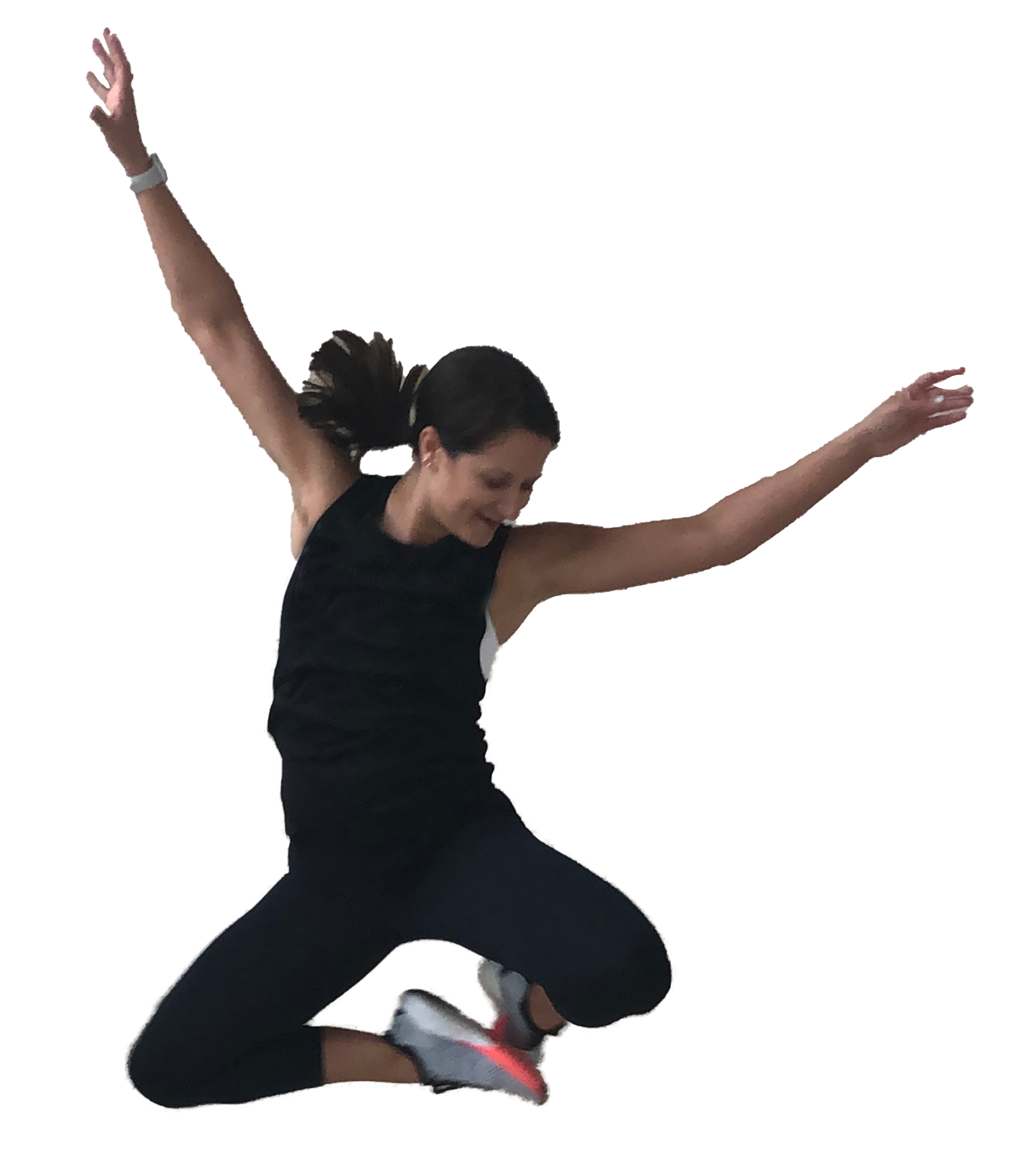 Cutout image of coach Alissa Spears jumping up in the air